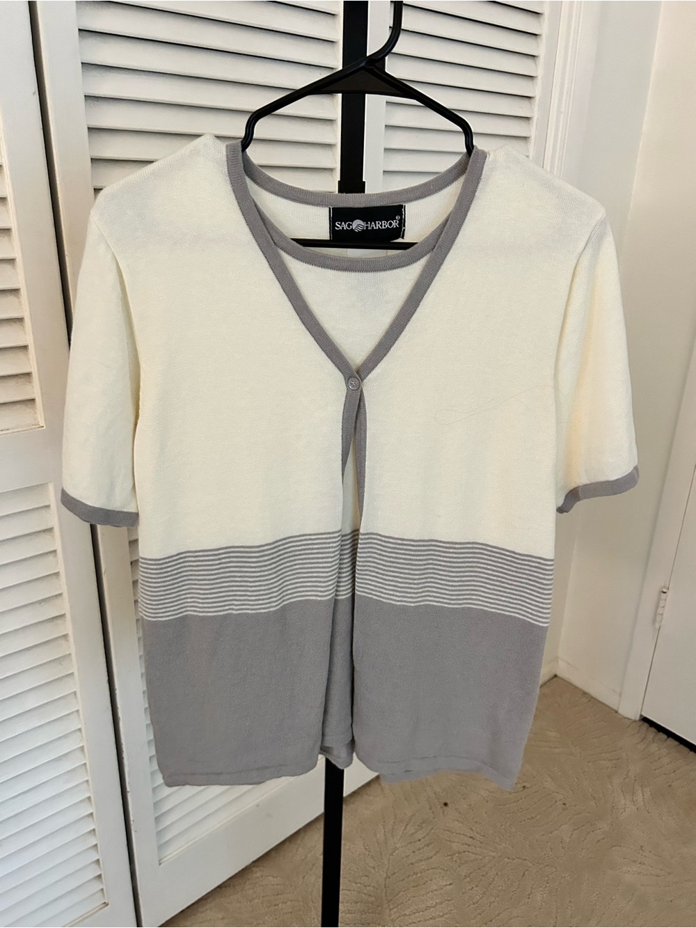 Sag Harbor Cream Knit Cardigan with Gray Trim Accents